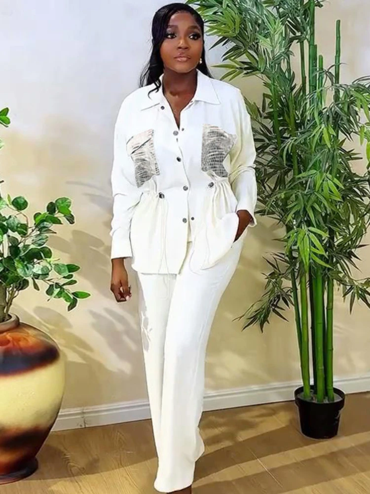 

Fashion Elegant Office Lady Temperament Solid Color Waist Shirt Cardigan Trousers Two-piece Women's Suit African Women's Wear