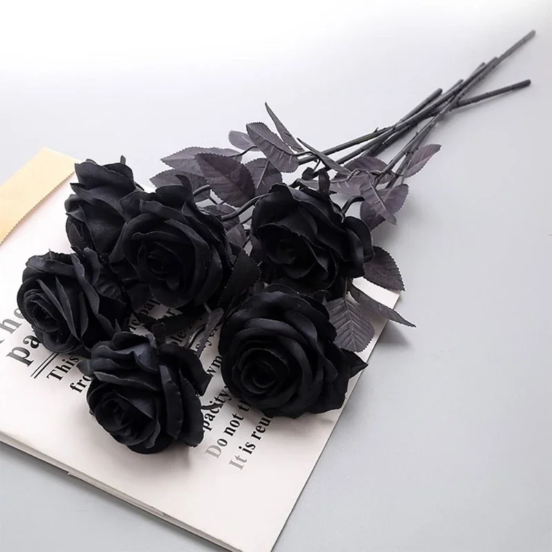 5pcs Silk Black Rose Artificial Flower Head Bouquet Home Living Room Weeding Chritmas Decoration New Year Decoration Home Decor