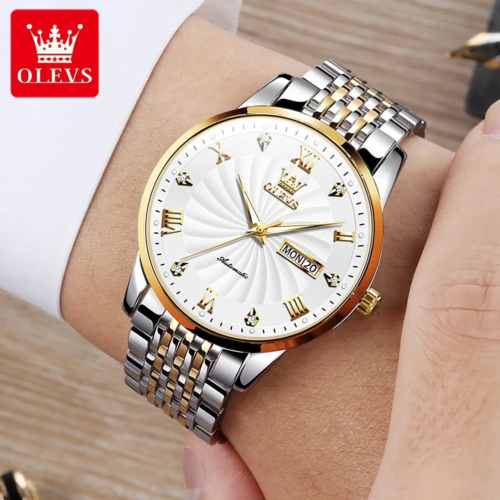 OLEVS Top Brand Automatic Mechanical Men Watch Threaded Dial Waterproof Stainless Steel Strap Classic Men\'s Watches Luxury