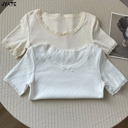 Sweet Eyelet Lace Trim Short Sleeve Tee Women New Casual Slim Simple Preppy Style Bow Tops Femme Vintage Cute Basic T-shirts Y2K