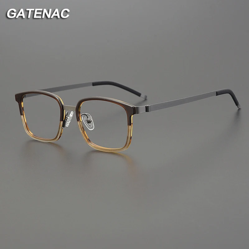 Vintage Acetate Stainless Steel Glasses Frame Men Square Myopia Prescription Eyeglasses Women Screwless Luxury Brand Eyewear