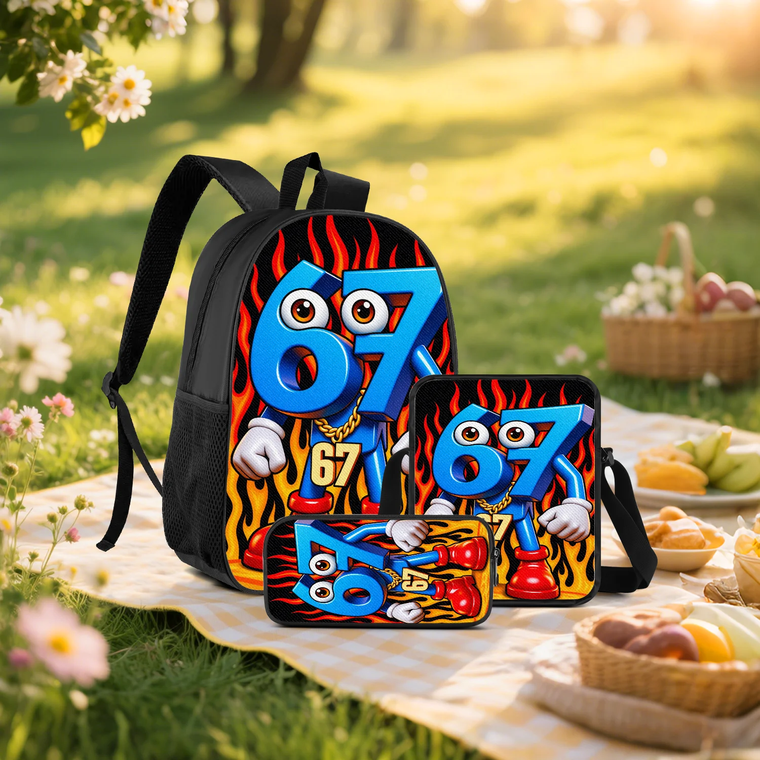 

3pcs Blue Six Seven Cartoon Flame Print Backpack Set With Crossbody Bento Bag And Pencil Case For Daily Travel Outdoor Camping