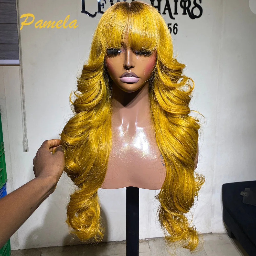 

Медовый блондин Объемная волна 250% Плотность HD Парики фронта шнурка Выделите Желтый блондин Цветные парики из человеческих волос Готовые к ношению с челкой