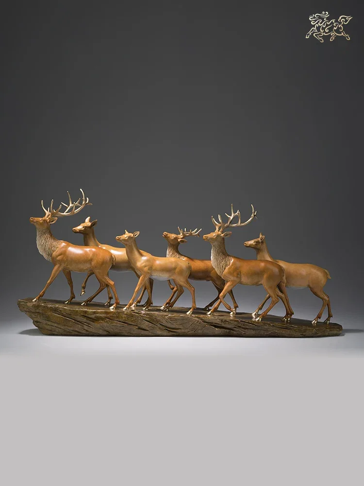 Copper Crafts Double Fortune 6pcs Deer Sculptures Home Office Room Fengshui Decoration Art Collection Home Ornaments Gifts