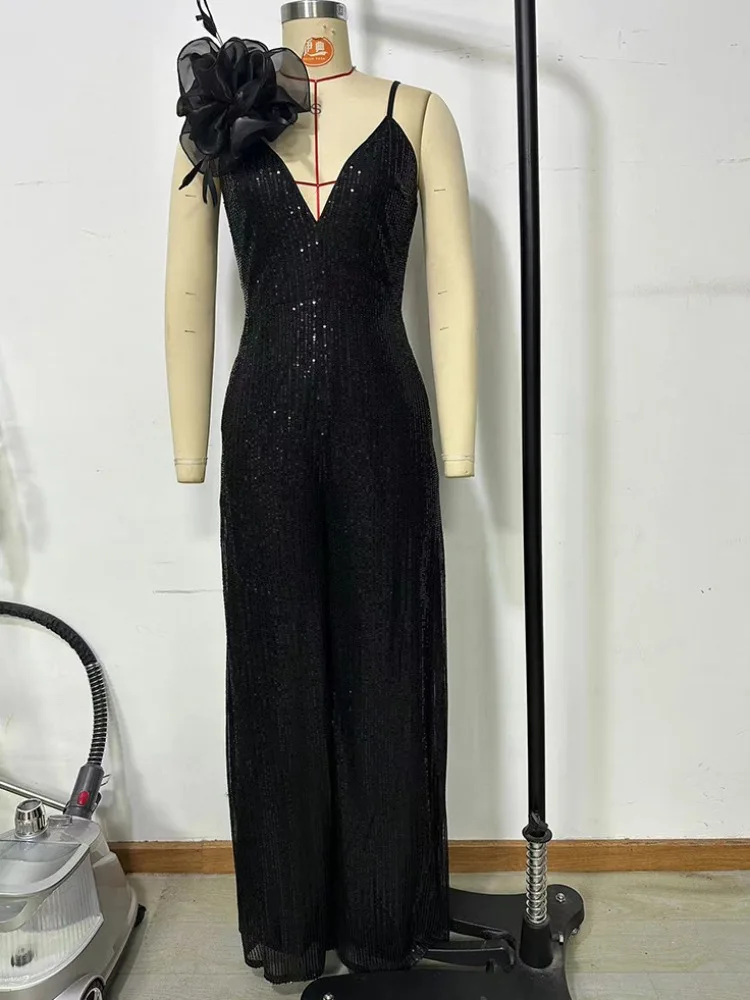 Women Elegant Banquet Black Sequin Jumpsuit 2024 New High Quality 3D Flowers Splicing Sexy V-Neck Sling Slim-Fit Wide Leg Pants