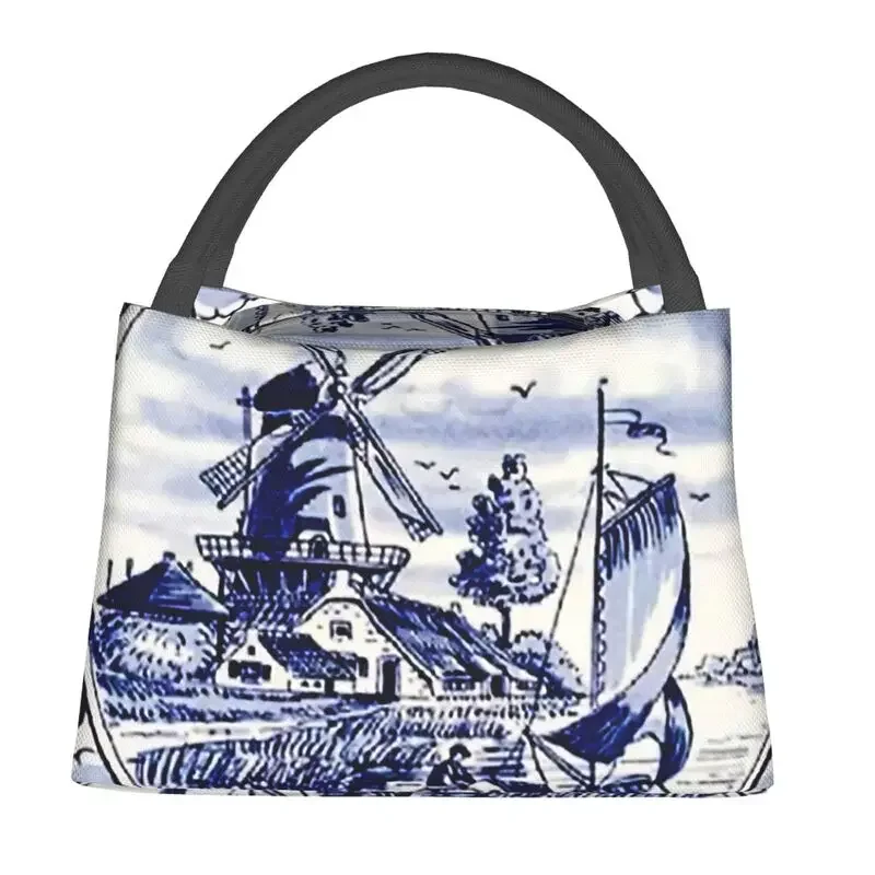 Vintage Windmill Poster In Dutch Blue Delft Insulated Lunch Bags for Work Office Waterproof Cooler Thermal  Box Women