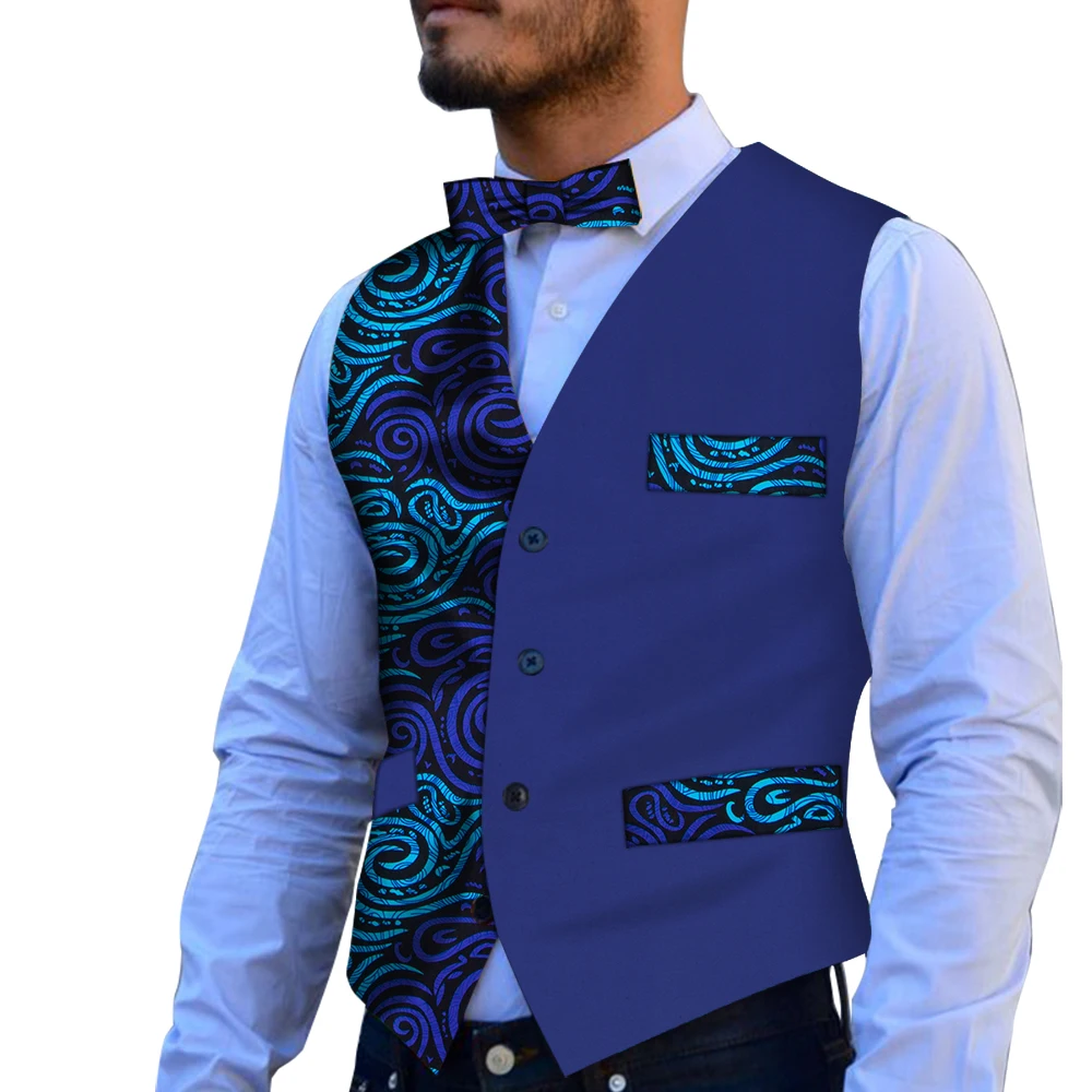 

2024 African Print Vests for Men Slim Fit Suit Vest with Bow Tie Male Waistcoat Gilet Sleeveless Formal Business Men Vest WYN118