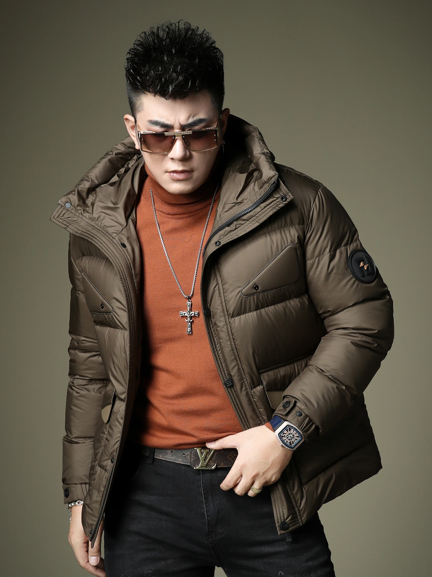 Men's Thiened Hooded down Jaet Winter Warm Windproof Youth Faion White Du Feather Padded Coat Bread Sle Outerwear