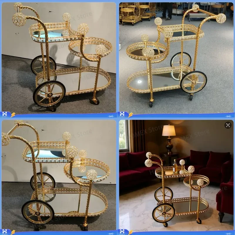 Luxury 3 Tier Hotel Service Trolley Middle Eastern Style Tea Wine Food Beverage Cart Restaurant Wedding Bar Serving Tray