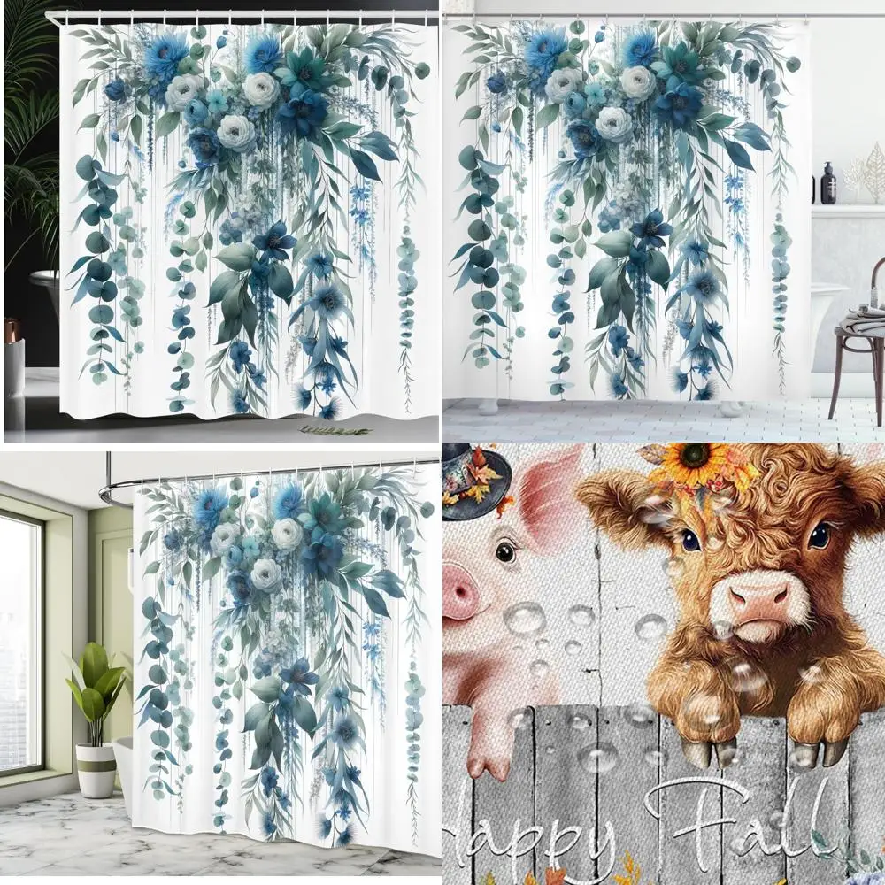 

Элегантная синяя занавеска для душа с цветочным принтом и плакучей вербой эвкалиптом в прохладных тонах