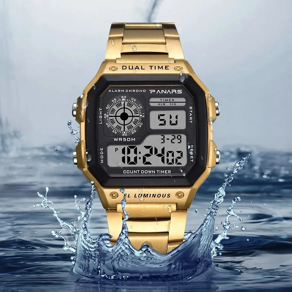 PANARS Top Luxury Stainless Steel Strap Sport Watches Mens Waterproof Back Light Digital Wristwatch Male Alarm