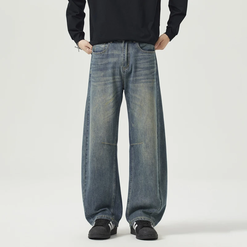 Korean Style Men's Jeans Solid Color Deconstruction Casual Curved Knife Jeans Trousers Loose Wide Leg Simple Male Denim Pants