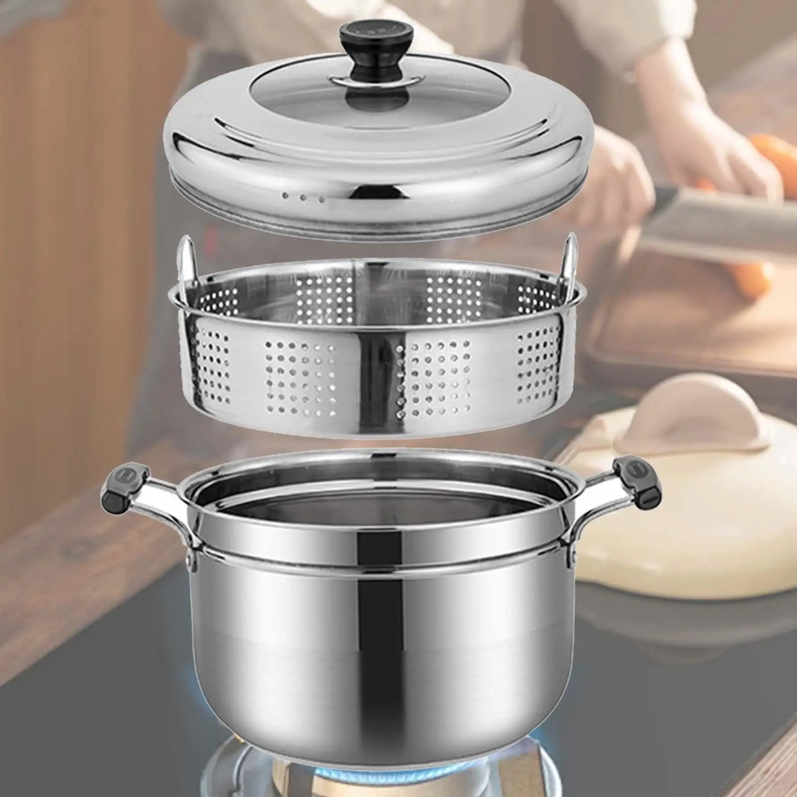 Kitchen Cooking Pot Double Handle Kitchen Pot Easy Carrying Easy to Clean with Steaming Rack for Home Restaurant Vegetables Soup