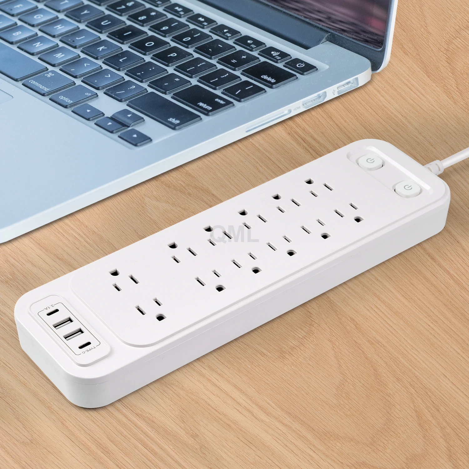 Placa de toma de corriente estadounidense con 12 salidas de CA, con interruptores de seguridad, cable de extensión de 2M, regleta estándar americana, 2 puertos USB 2 tipo C
