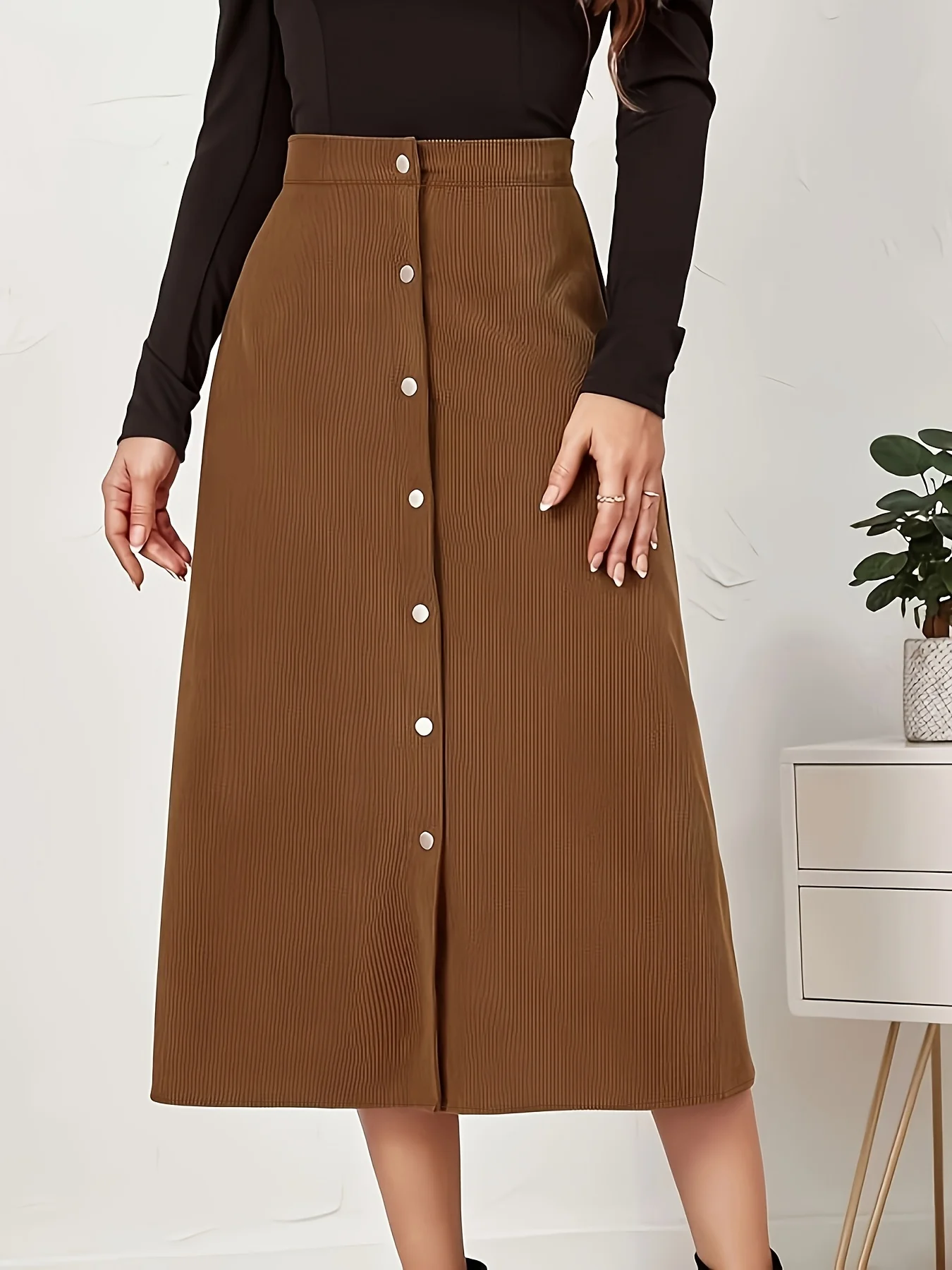 تنورة نصف منسوجة أنيقة باللون البني الداكن للنساء بالإضافة إلى حجم تنورة عالية الخصر على شكل حرف A تنورة نسائية كاجوال للعمل بني داكن #1