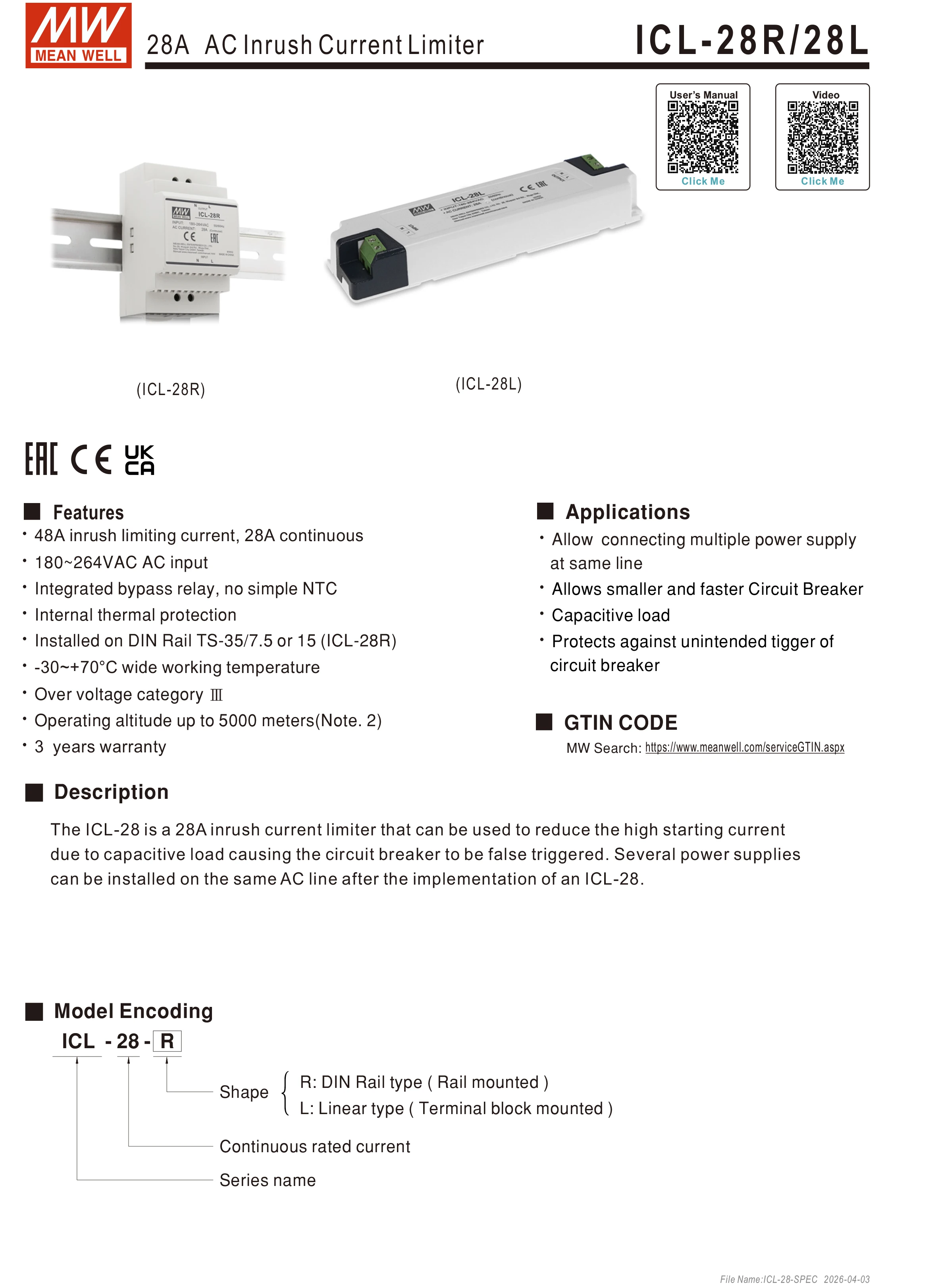Original Mean Well ICL-16R meanwell DIN Rail 16A AC Inrush Current Limiter to reduce the high starting current