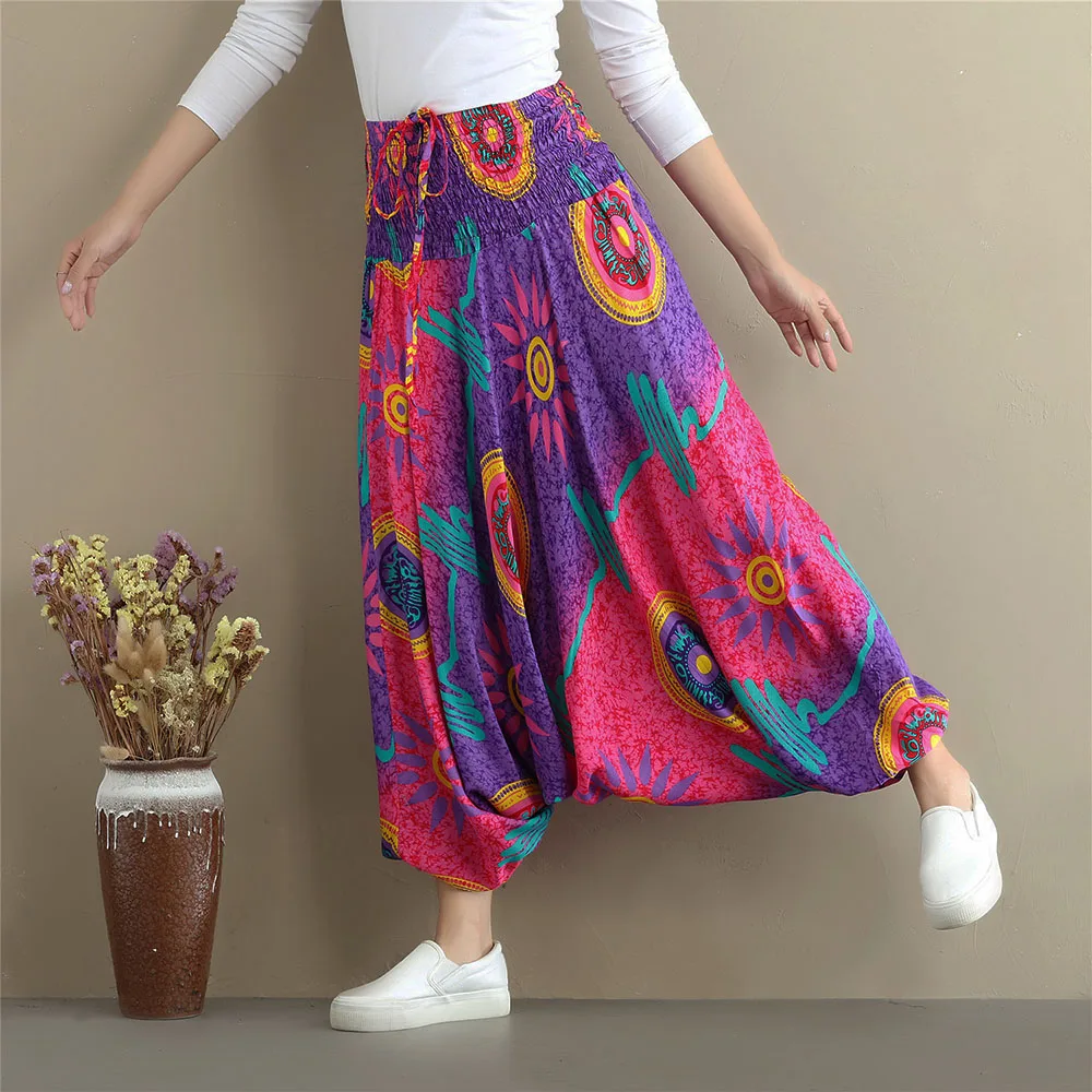 Ethnic Style Light Beach Casual Pants Women's Printing Summer Elastic Waist Nepalese Style Large Crotch Pants Yoga Dance Pants