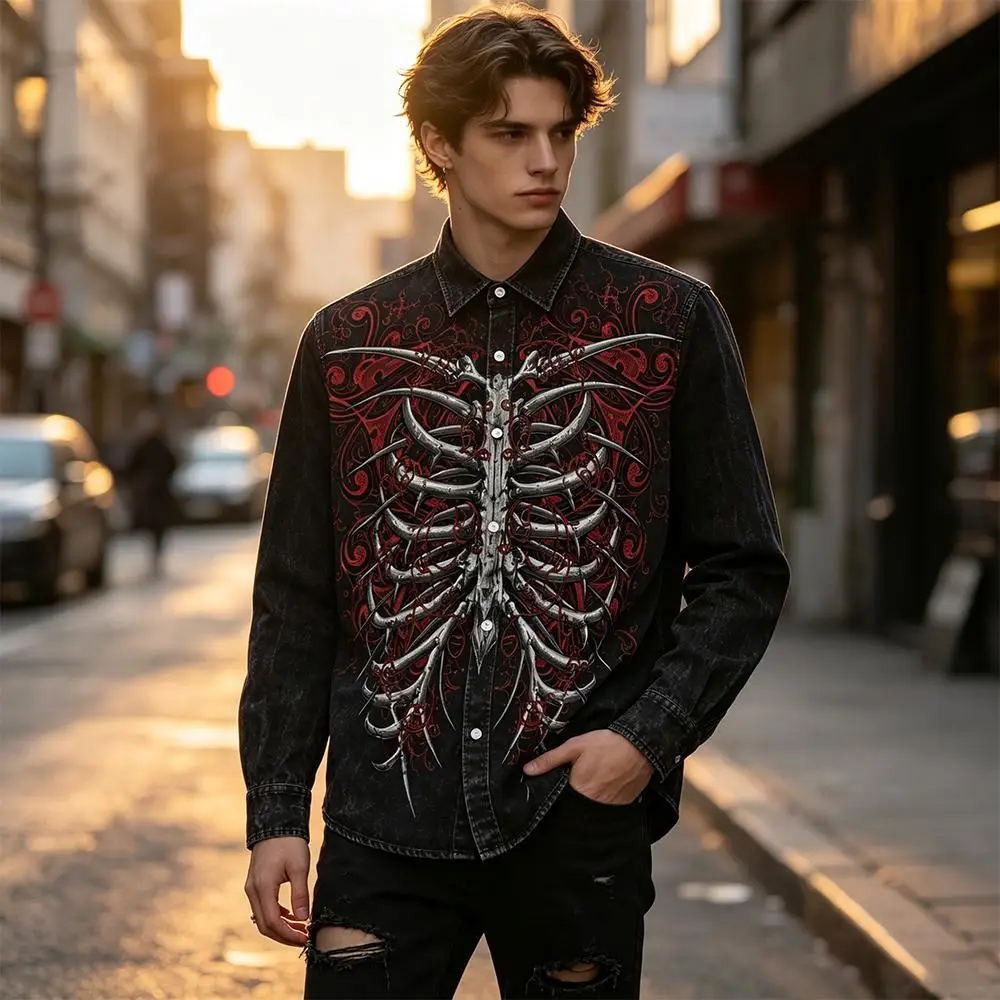 Gothic Skeleton Rib Centipede Bone Print Shirt Dark Punk Vintage Harajuku Streetwear Party Casual Cotton Lapel Long Sleeve Shirt