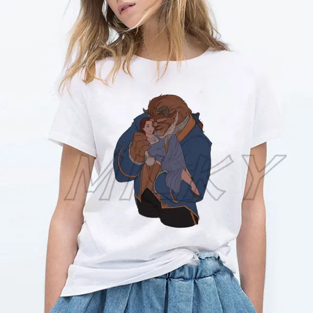 2024 Beauty and Beast Shirt Cute Princess Belle T-shirt Women Fairy Tale Rose Graphic T Shirt Harajuku O-neck Summer Tops