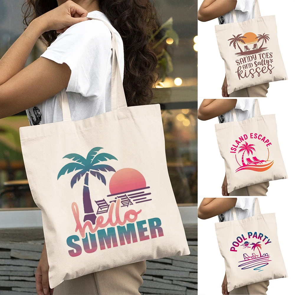 

Vintage Hello Summer Lady Shopper Bags Double Print Sandy Toes Girl Daily Use Bag Island Escape Women Shopping Bags 40x45cm
