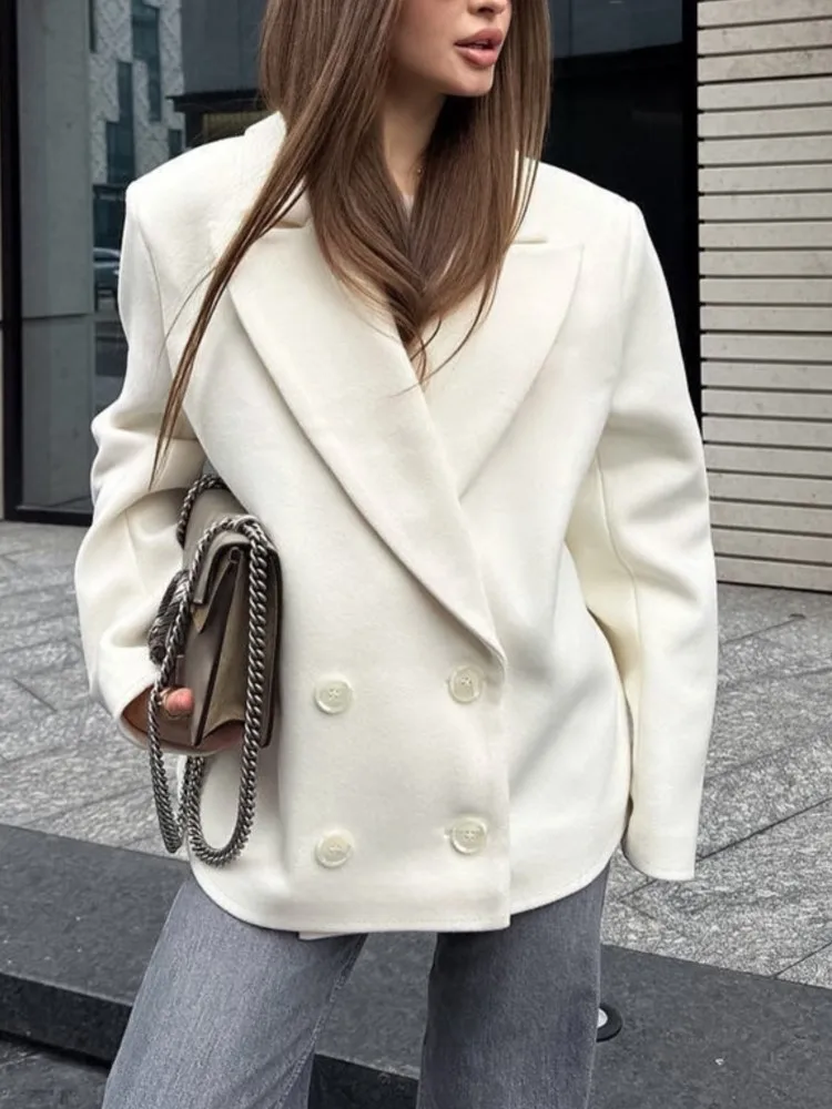 

Элегантный женский блейзер, шикарный двубортный шерстяной пиджак с лацканами, верхняя одежда с длинными рукавами, новинка 2025 года, осеннее офисное женское уличное пальто
