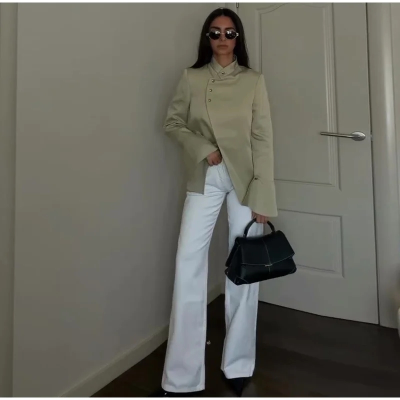 Side Button Ruffle Hem Satin Blazer Stand Collar Flare Sleeve 2026 Spring Elegant Women Outerwear Fashion Versatile Lady Jacket