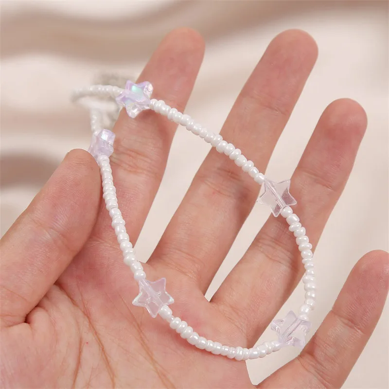 Beaded Necklace for Women Fashion Bohemia Weaving White Rice Beads Star Handmade Choker Clavicle Beach Jewelry Accessories