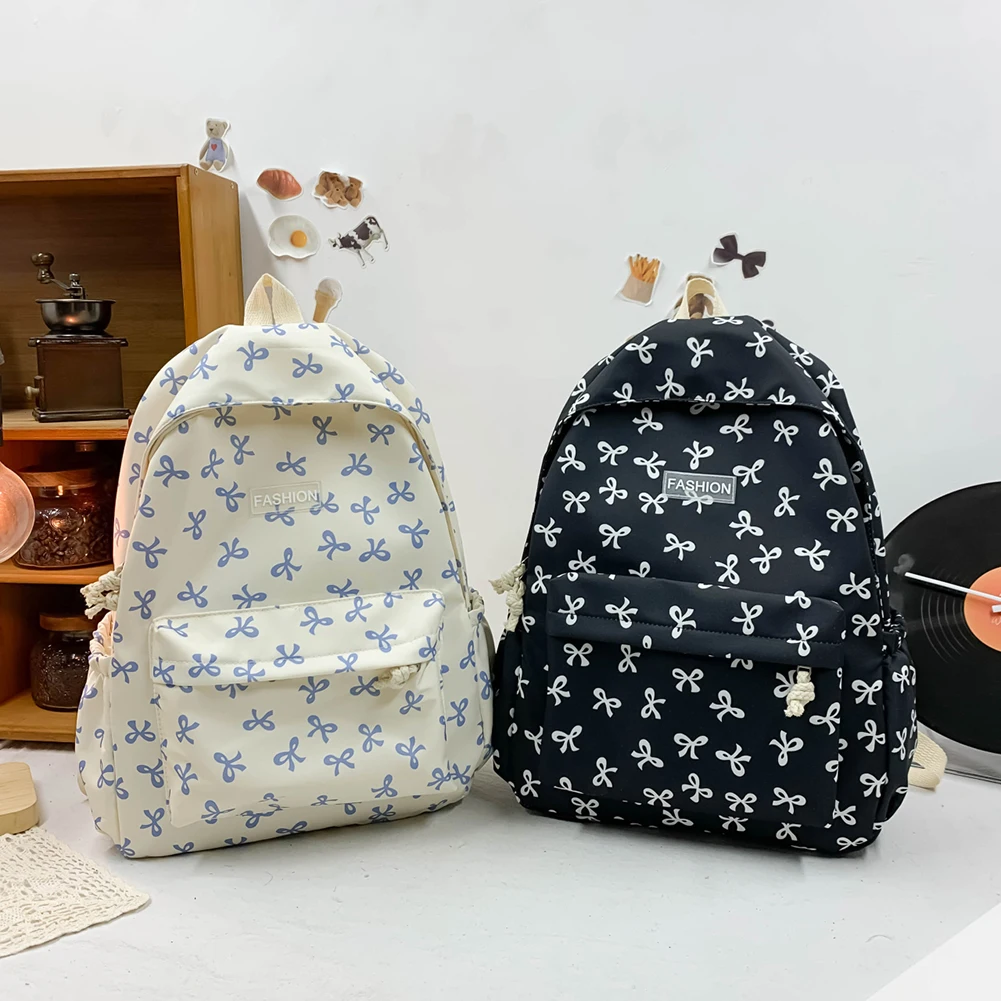 女の子用リボンプリントスクールバッグ、女性用ナイロン学生用バックパック、調節可能なストラップ付きブックバッグ、ナップサック、リュックサック