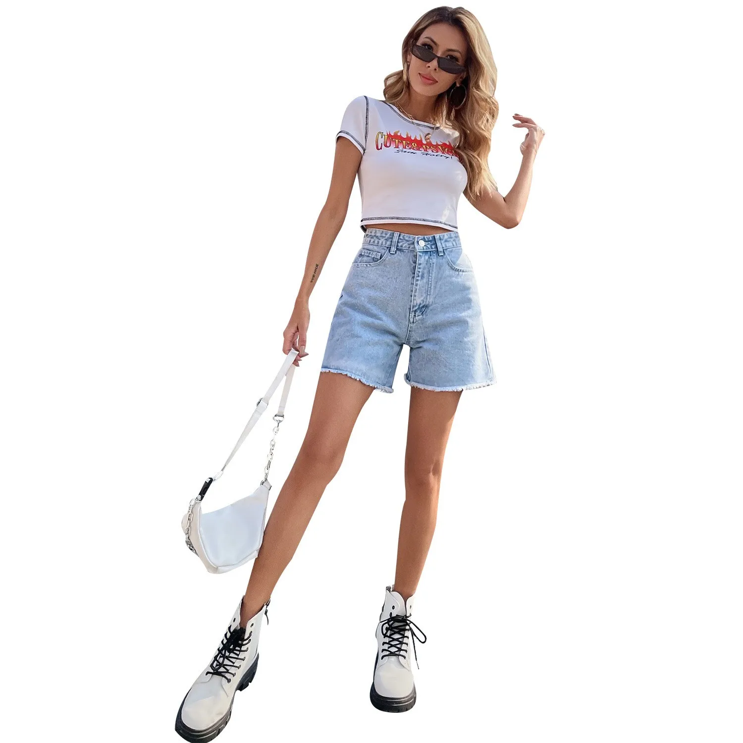 Straight Leg Shorts High Waist Street with Washed Effect Wrinkle Finish Five Inch Length No Stretch Elegant Style Women Shorts