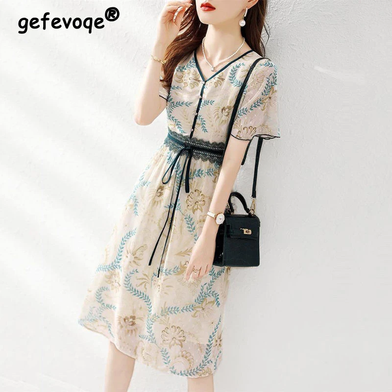 2022 Summer Fashion Korean Elegant V Neck Short Sleeve Lace Patchwork Slim Dresses for Women Chic Sweet Tunic Midi Dress Vestido