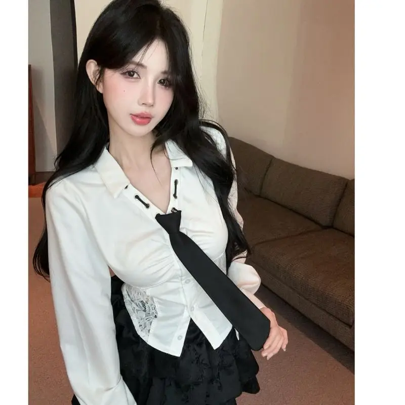 Women Spring Summer Sexy Lace Patchwork Solid Color Long Sleeve Shirts Ladies Sweet Preppy Style All-match Appear Thin Tops
