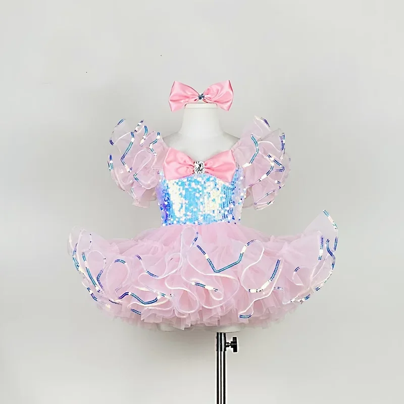 Ropa de salón con lentejuelas para niños, vestido de tutú de baile de Jazz para niñas, ropa de costura para niños pequeños, vestido de princesa de boda