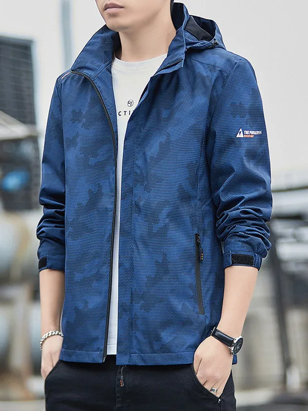 Men's Outdoor Windproof Hooded Softshell Jacket Casual Long Sleeve Spring Autumn Camouflage Simple Polyester Fiber Jacket