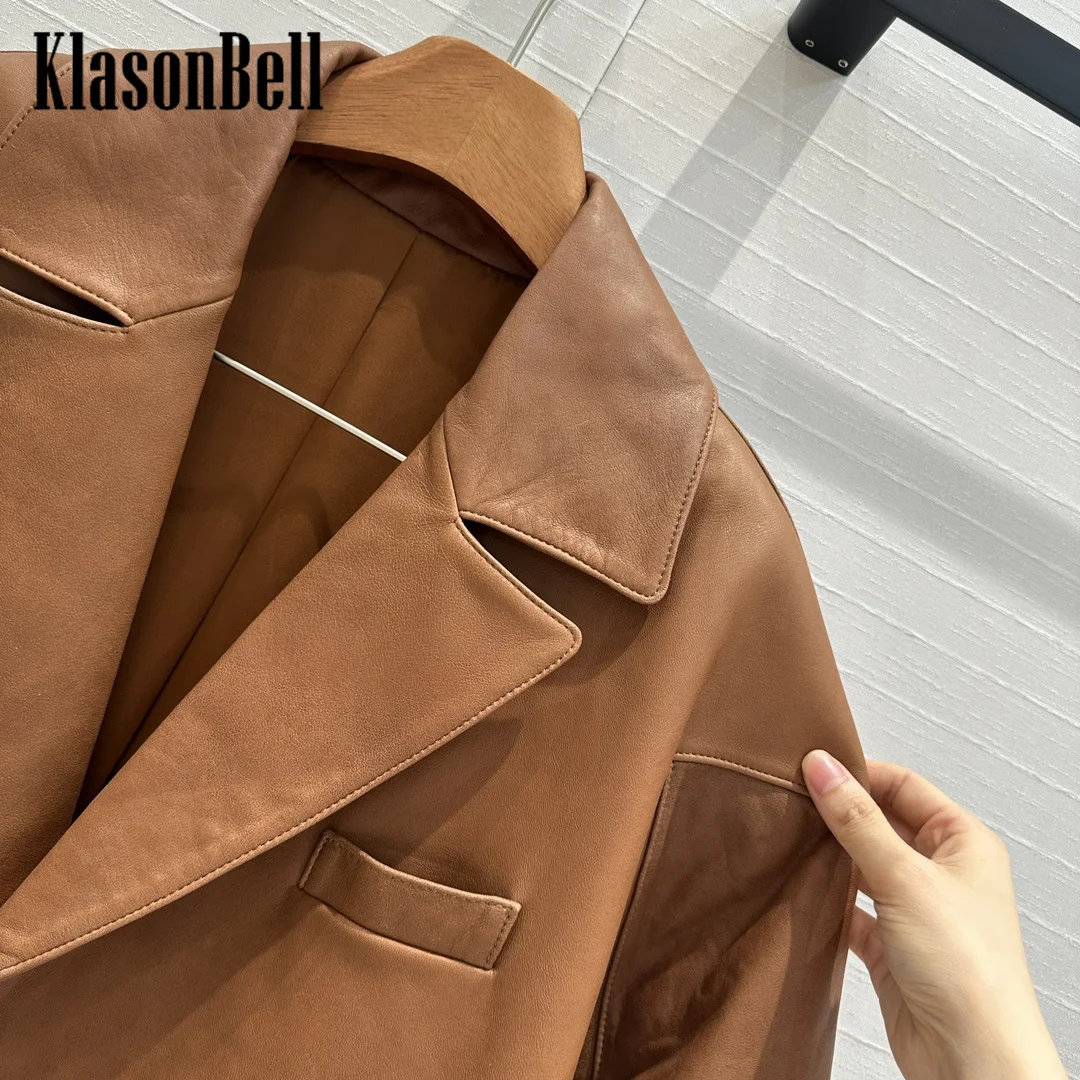 7.13 KlasonBell Women High Street 100% Sheepskin Vintage Brown Blazer Single Button Genuine Leather Loose Jacket Coat