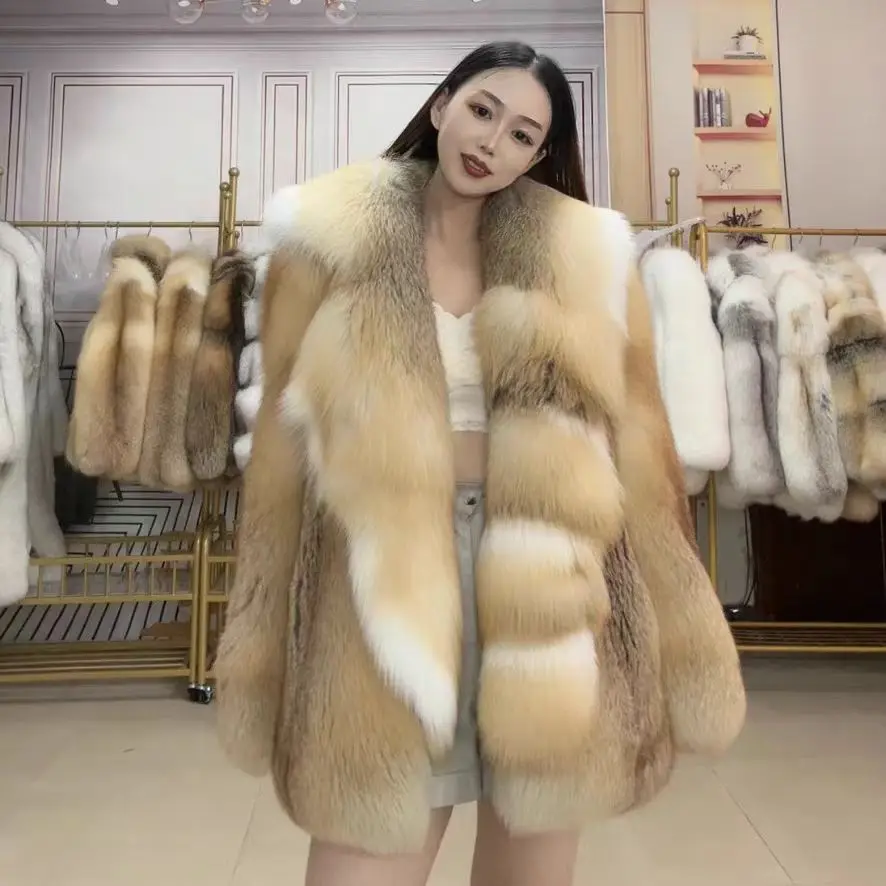 Real Golden Island Fox Fur Coat Women's Fur Clothing Fur Top Women's Medium Length Fur Coat