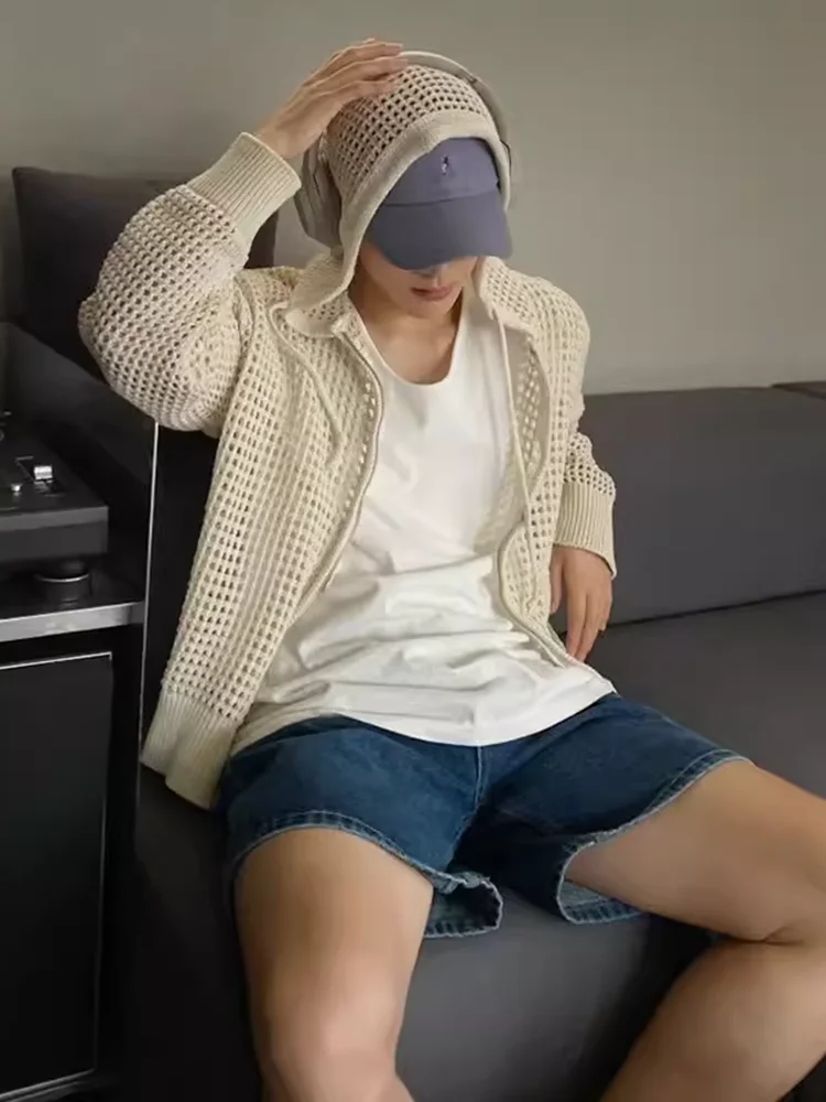 Cardigan Sweater Men Ins High Street Hooded Hollow Knit Sweater Summer Thin Cut Sunscreen Couple Outfit Jacket