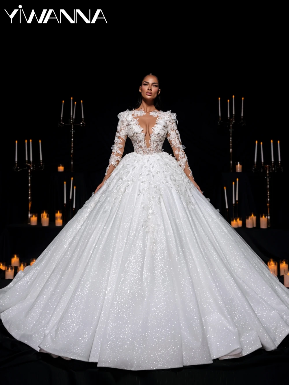 

Glitter Charming 3D Flower Wedding Dress Modest Long Sleeve Bridal Gown Customized Gorgeous Princess Long Dresses For Bride