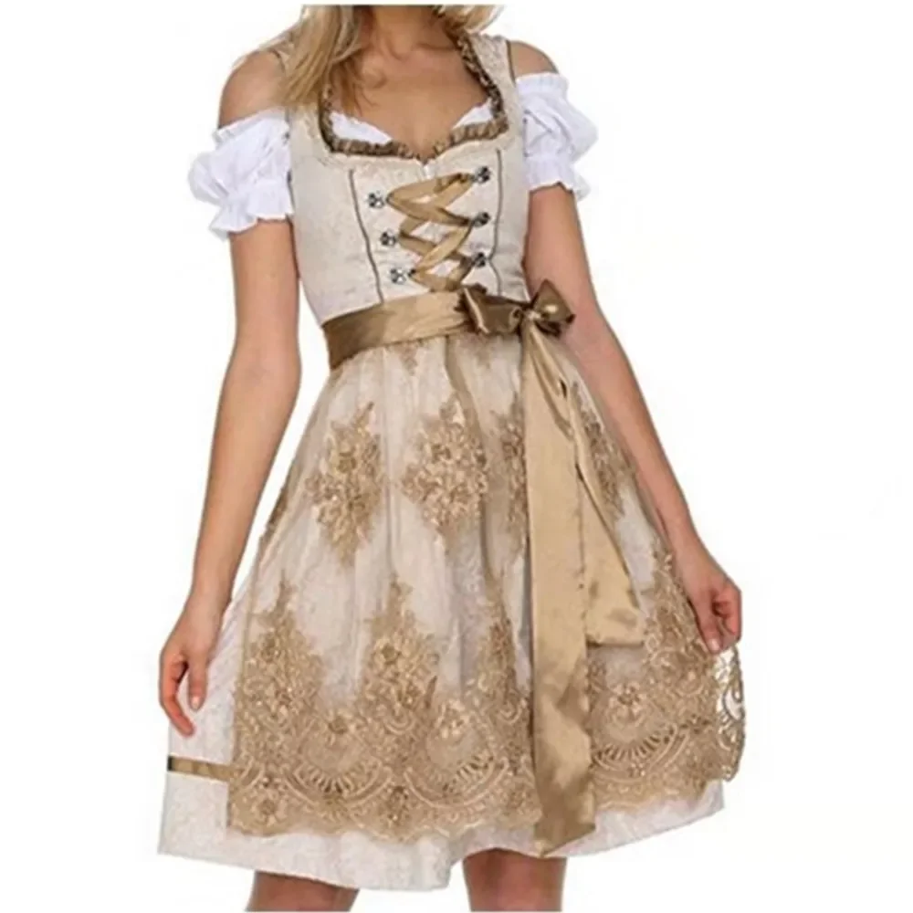 Ladies German Oktoberfest Dirndl Dress Apron Beer Wench Cosplay Costume Adult Women Carnival Halloween Fancy Party Outfit