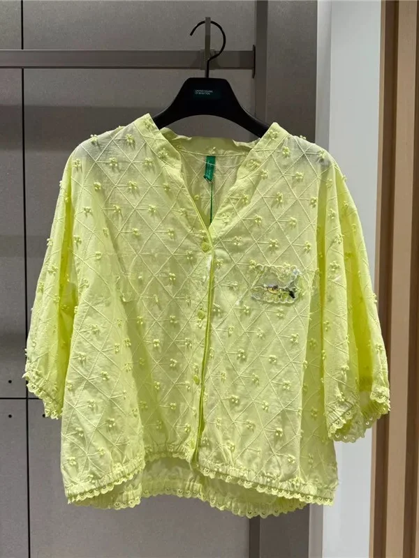 

Baijia 2025 Summer New Simple Embroidery Loose Fit Casual Shirt Top Versatile Basic Style Women's Fashion Breathable Short Sl...