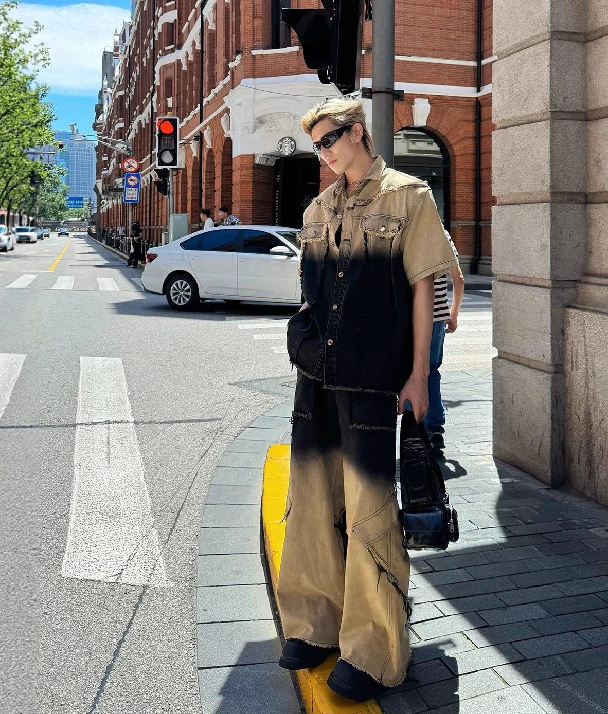 

Korean High Street Color Blocked Jeans Summer Denim Short Sleeved Jacket and Wide Leg Pants Set Men Clothing Japanese Streetwear