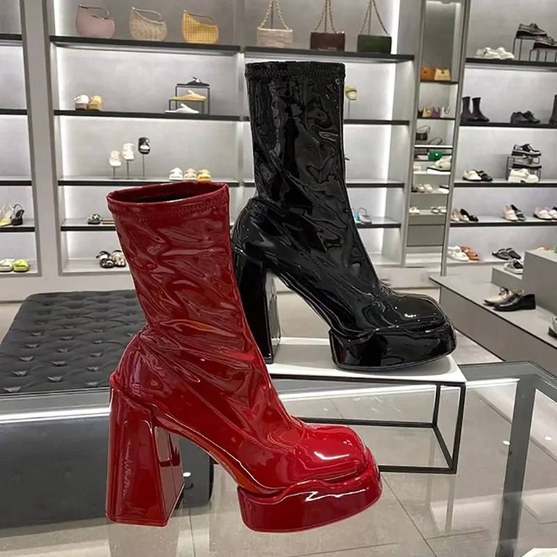 2023 Niche European and American Red Patent Leather Thick Heeled Waterproof Platform Boots, High Heeled Short Boots