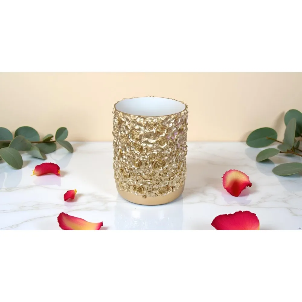 Eleganter, floral geschnitzter Kunstharz-Mülleimer, 8 x 10 dekorativer Abfallkorb für Büro, Badezimmer, Schlafzimmer mit Rosen-Design