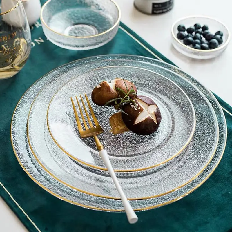 Luxury Gold Rim Dinner Plate Set Serving Platter Glass Snack Dish Accent Plate Cake Plate Gift Set