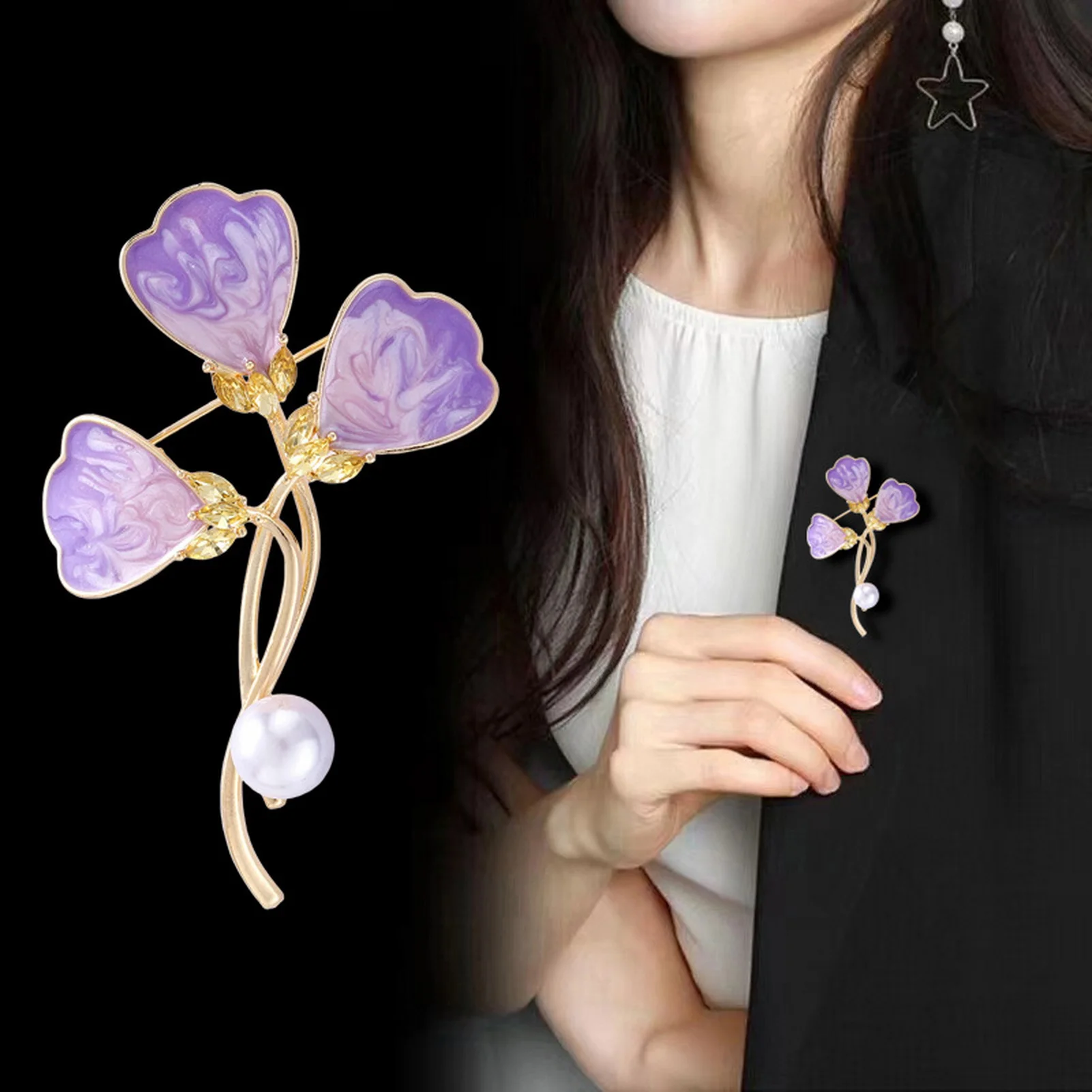 Broche de Trébol Degradado de Aleación de Zinc con Diseño de Goteo de Aceite y Diamantes de Imitación, Bañado en Oro KC, para Regalo de Boda o Fiesta