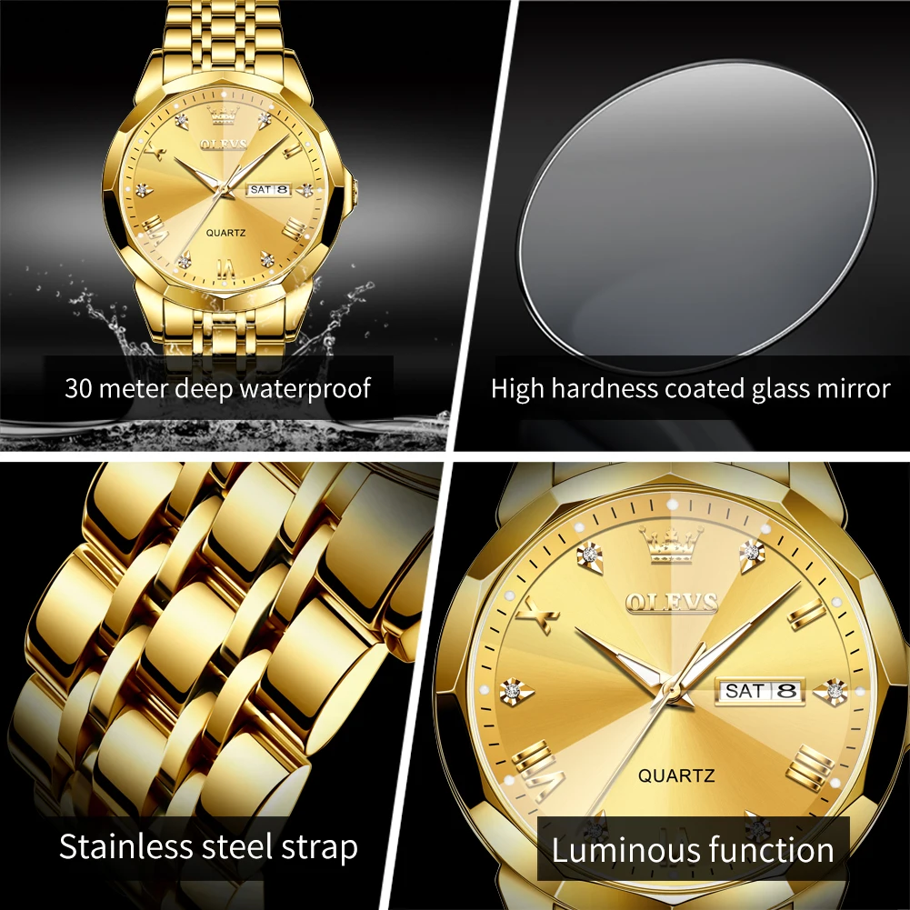 OLEVS Top Men‘s Watches Gold Original Quartz Wristwatch Waterproof Luminous Watch for Male Rhombus Mirror Date Week Luxury Dress