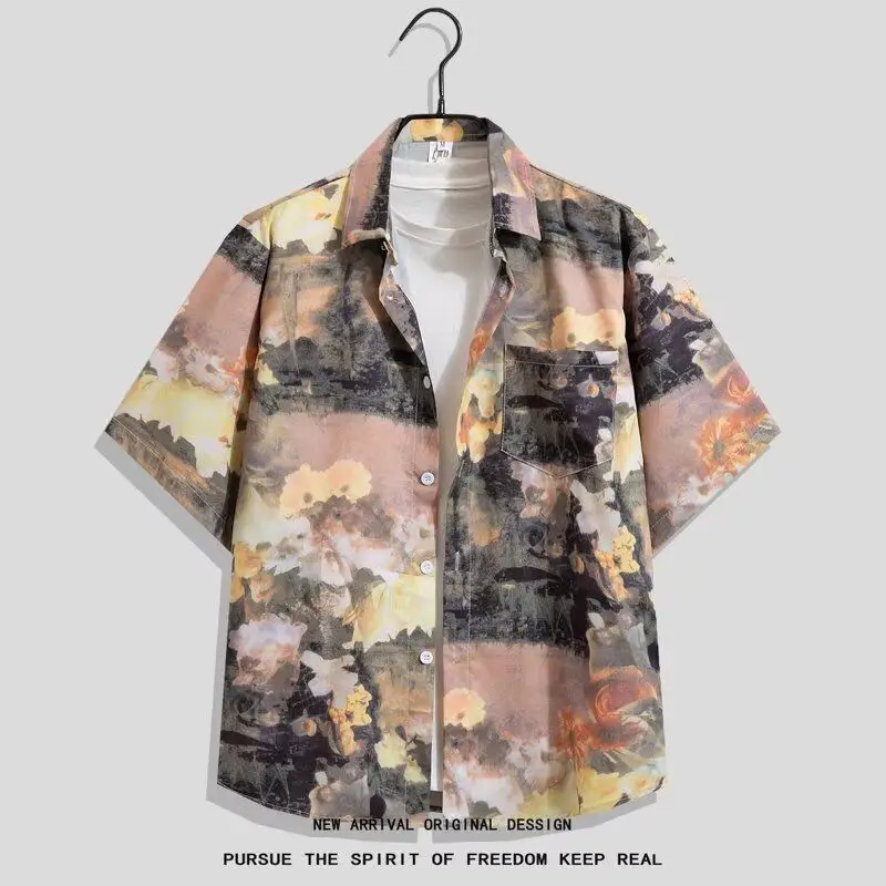 

Loose Short Sleeve Hawaiian Style Shirt Vintage Hong Kong Thai Design Men's Women's Fashionable Summer 2025 Polyester Fiber