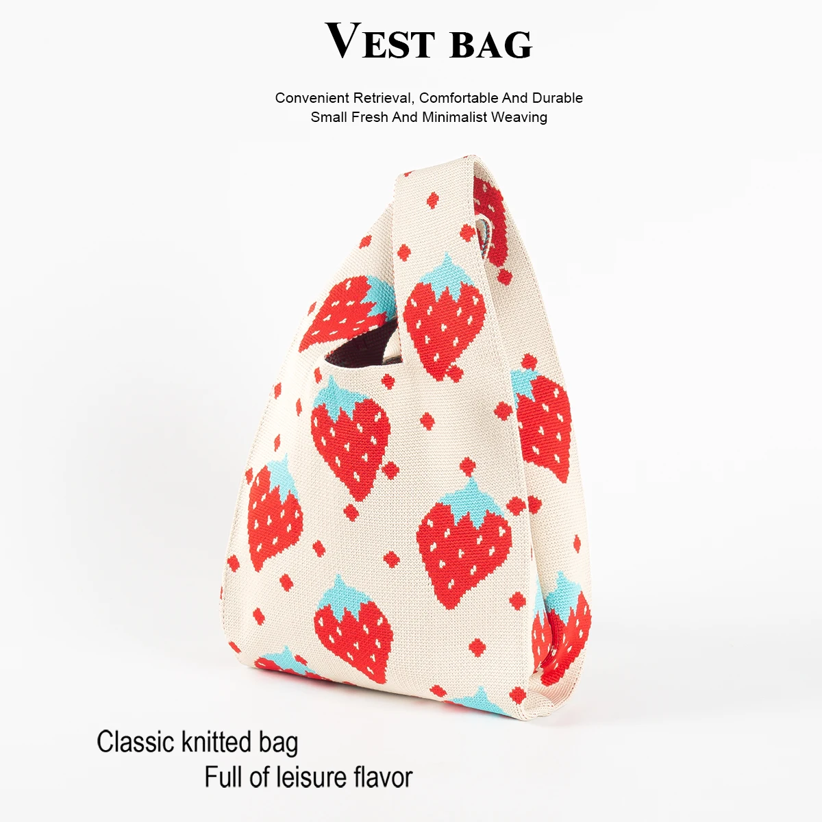 

Natural and Fresh Strawberry Polka Dot Breathable Knitted Bag, Lightweight Foldableable Fabric, Carry Your Mobile Phone Cosmetics Water Bottle Book, Fashionable, Casual and Versatile,适合各种场合