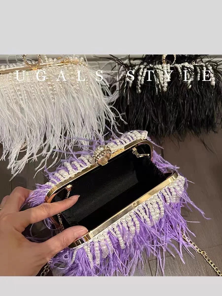 Luxury Designer Ostrich Hair Evening Bag Pearl Beading Tassel Women's Handbag Wedding Party Clutch Purse Shoulder Crossbody Bag