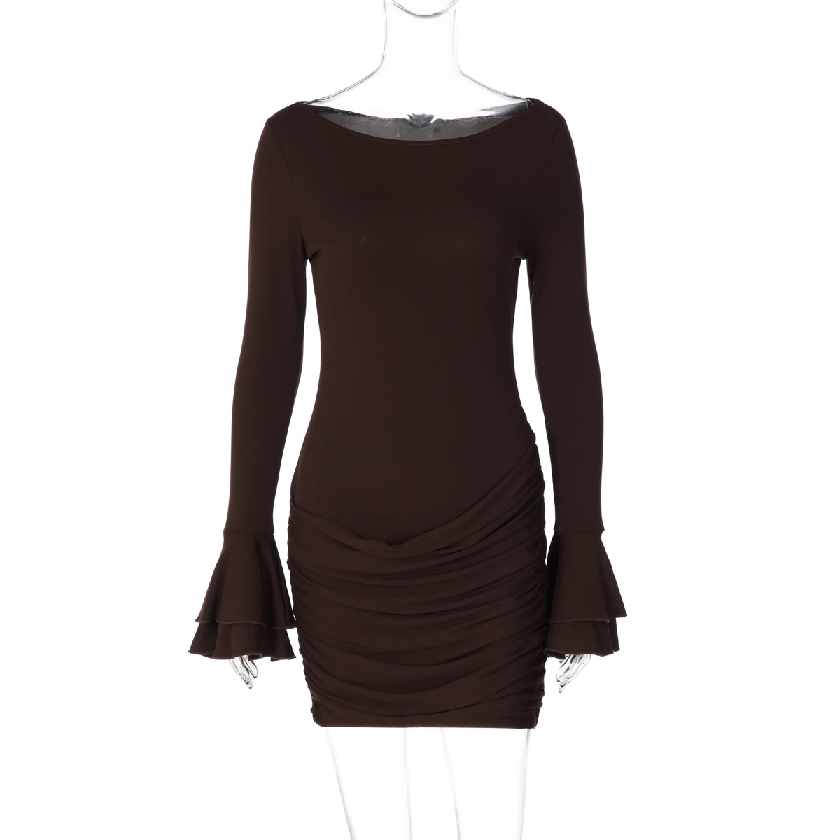 Hugcitar Modisches O-Ausschnitt Einfarbiges Langes Kleid mit Ausgestellten Ärmeln, Sexy Plissiertes Minikleid für Herbst und Winter, Damenkleidung für Geburtstagsfeiern und Festivals – Detail 2
