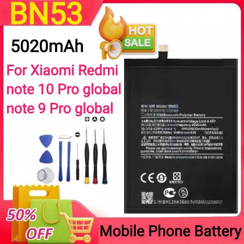 

5020mAh BN53 Battery for Xiaomi Redmi Note 10 Pro Global / Note 9 Pro Global PocoM2 Pro Replacement Batteries +Tools